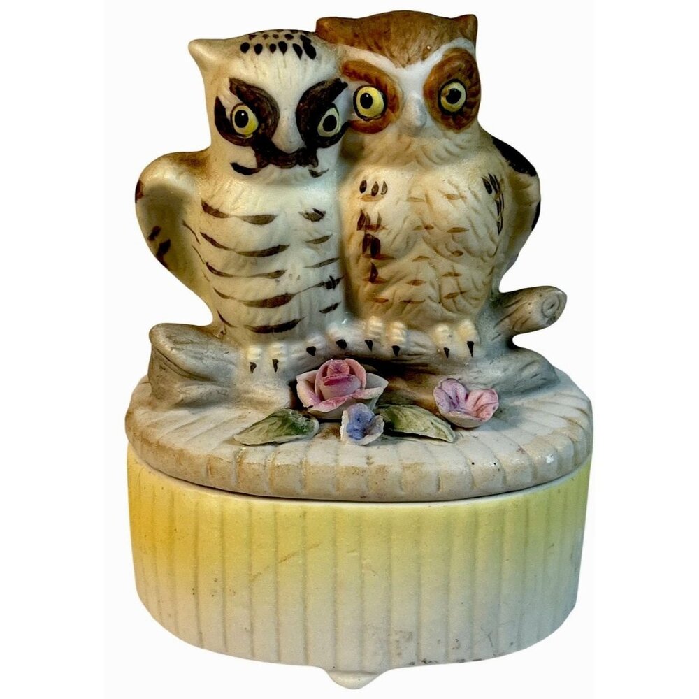Vintage Two Owls on a Log Porcelain Trinket Box Jewelry Holder Bird Decor SWEET